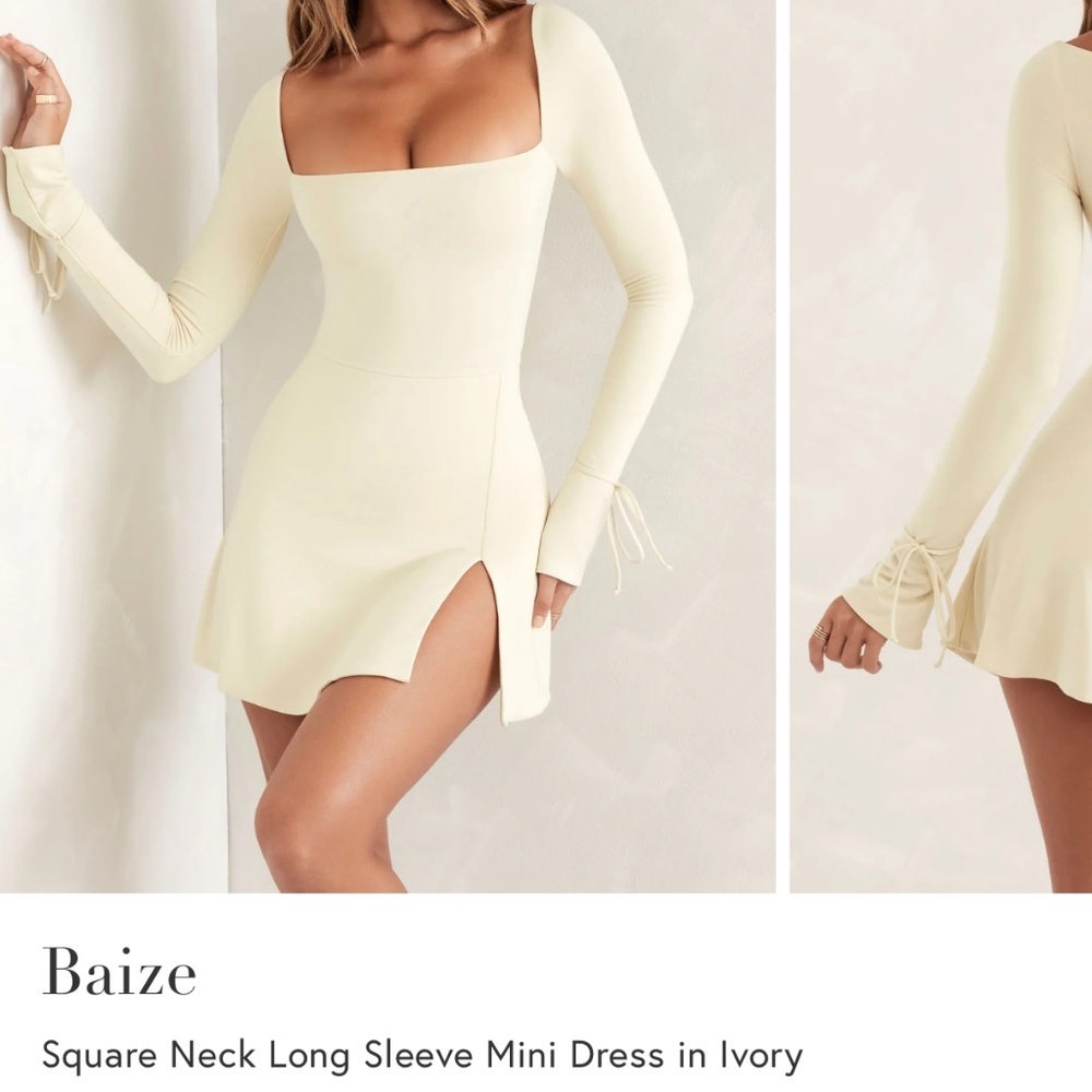 Oh Polly Baize Square Neck Long Sleeve Mini Dress in Ivory - Size 6